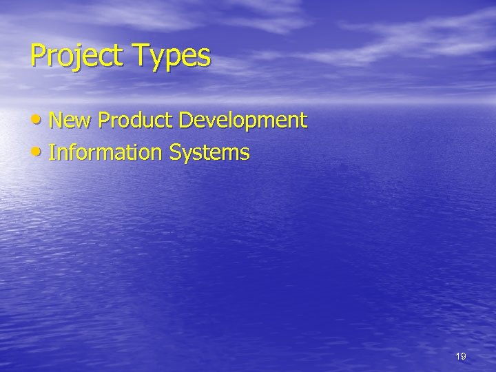 Project Types • New Product Development • Information Systems 19 