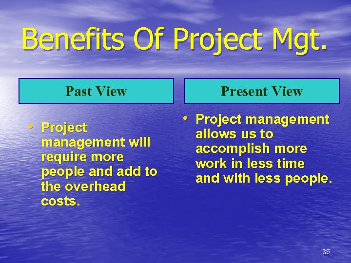 Benefits Of Project Mgt. Past View • Project management will require more people and