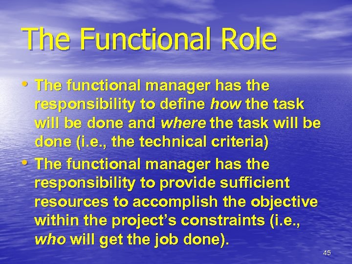 The Functional Role • The functional manager has the • responsibility to define how