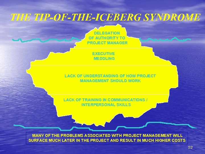 THE TIP-OF-THE-ICEBERG SYNDROME DELEGATION OF AUTHORITY TO PROJECT MANAGER EXECUTIVE MEDDLING LACK OF UNDERSTANDING