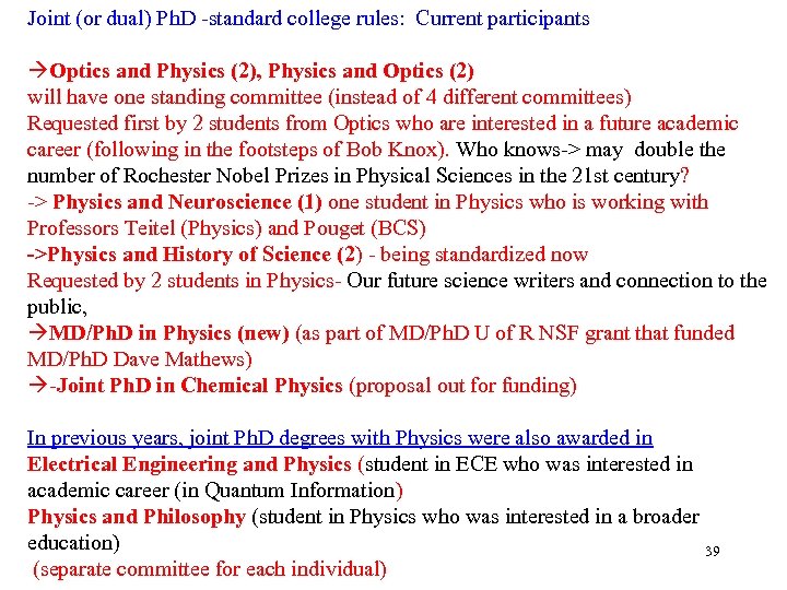 Joint (or dual) Ph. D -standard college rules: Current participants Optics and Physics (2),