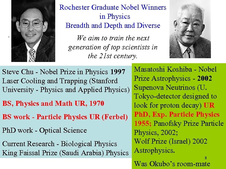 Rochester Graduate Nobel Winners in Physics Breadth and Depth and Diverse. We aim to