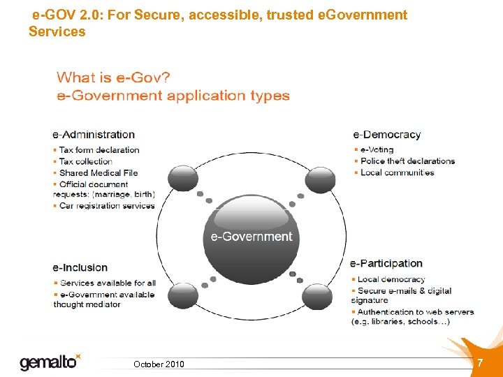 e-GOV 2. 0: For Secure, accessible, trusted e. Government Services October 2010 7 