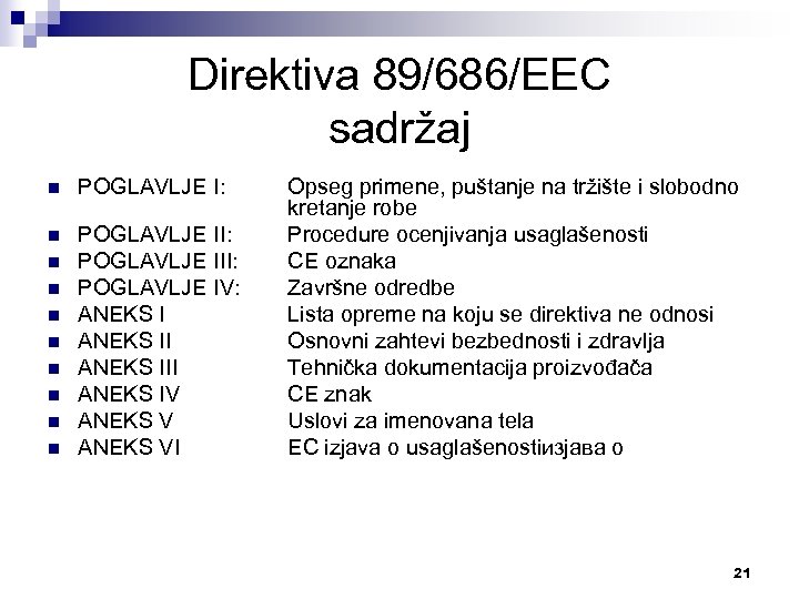 Direktiva 89/686/ЕЕС sadržaj n POGLAVLJE I: n POGLAVLJE II: POGLAVLJE IV: ANEKS III ANEKS