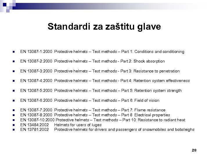 Standardi za zaštitu glave n EN 13087 -1: 2000 Protective helmets – Test methods