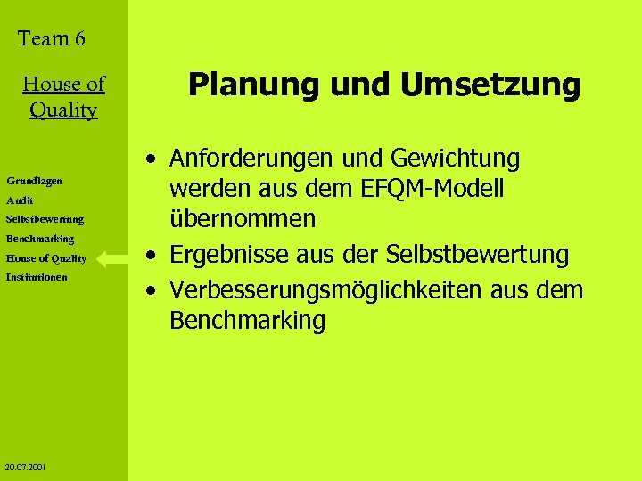 Team 6 House of Quality Grundlagen Audit Selbstbewertung Benchmarking House of Quality Institutionen 20.