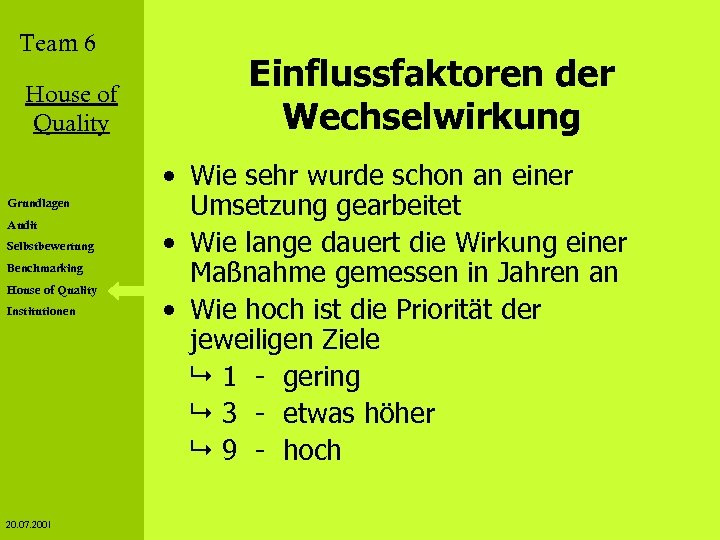 Team 6 House of Quality Grundlagen Audit Selbstbewertung Benchmarking House of Quality Institutionen 20.