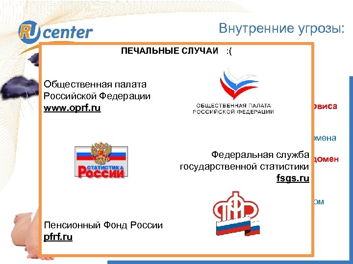 Внутренние угрозы: ПЕЧАЛЬНЫЕ СЛУЧАИ : ( 1 - вовремя не зарегистрировали домен Общественная палата