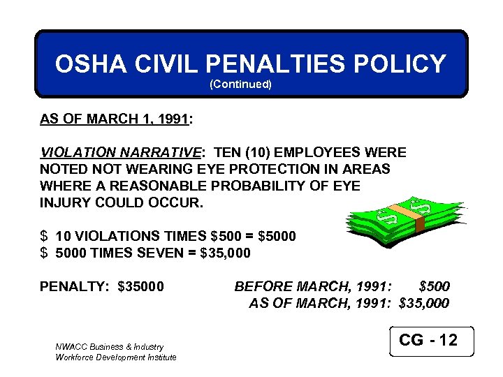 OSHA CIVIL PENALTIES POLICY (Continued) AS OF MARCH 1, 1991: VIOLATION NARRATIVE: TEN (10)