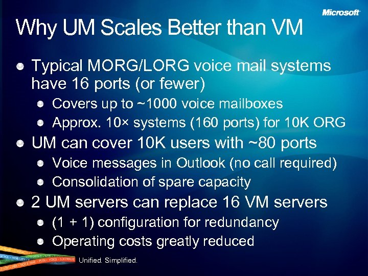 Why UM Scales Better than VM Typical MORG/LORG voice mail systems have 16 ports