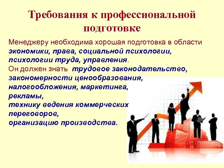 Требования к профессиональной подготовке Менеджеру необходима хорошая подготовка в области экономики, права, социальной психологии,