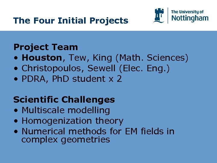 The Four Initial Projects Project Team • Houston, Tew, King (Math. Sciences) • Christopoulos,