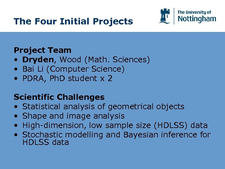 The Four Initial Projects Project Team • Dryden, Wood (Math. Sciences) • Bai Li