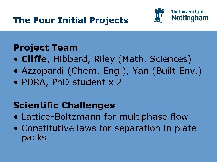 The Four Initial Projects Project Team • Cliffe, Hibberd, Riley (Math. Sciences) • Azzopardi