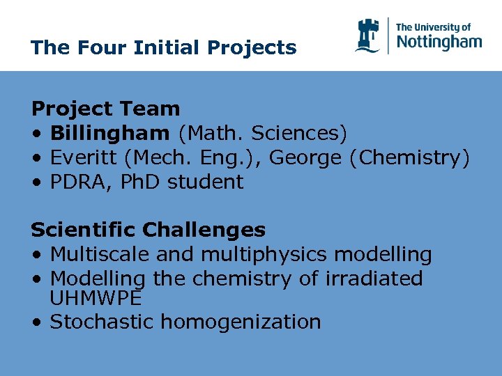 The Four Initial Projects Project Team • Billingham (Math. Sciences) • Everitt (Mech. Eng.