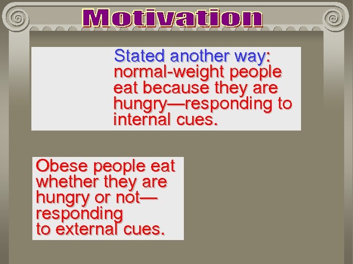 Stated another way: normal-weight people eat because they are hungry—responding to internal cues. Obese
