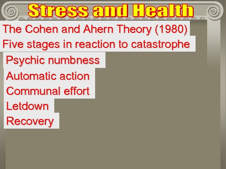 The Cohen and Ahern Theory (1980) Five stages in reaction to catastrophe Psychic numbness