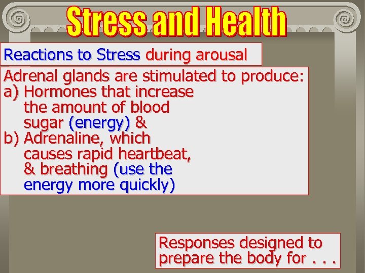 Reactions to Stress during arousal Adrenal glands are stimulated to produce: a) Hormones that