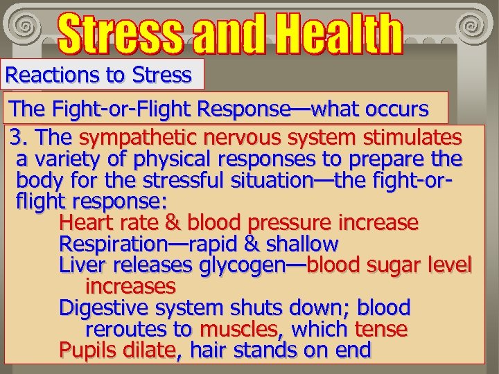 Reactions to Stress The Fight-or-Flight Response—what occurs 3. The sympathetic nervous system stimulates a
