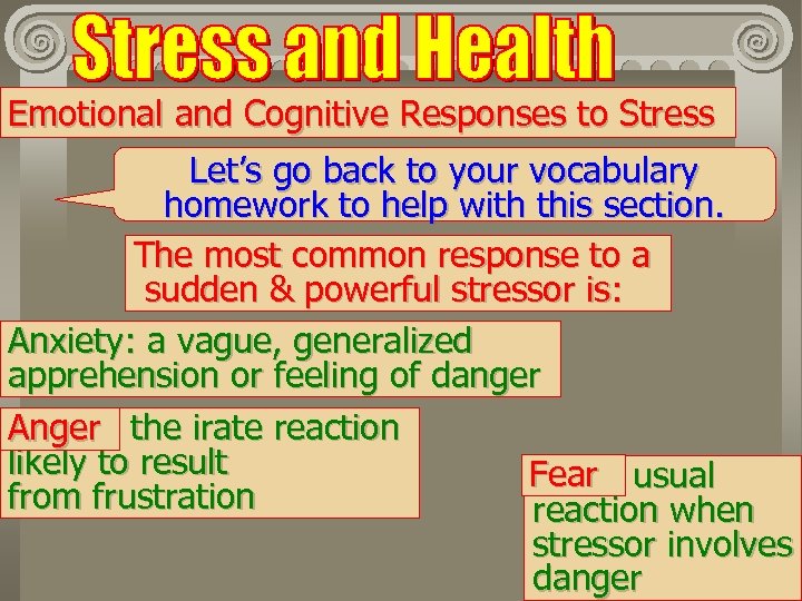 Emotional and Cognitive Responses to Stress Let’s go back to your vocabulary homework to