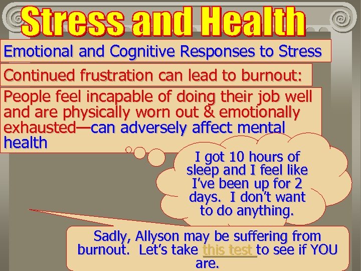 Emotional and Cognitive Responses to Stress Continued frustration can lead to burnout: People feel