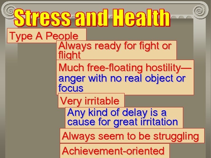 Type A People Always ready for fight or flight Much free-floating hostility— anger with