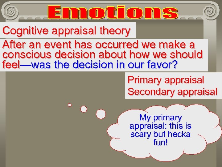 Cognitive appraisal theory After an event has occurred we make a conscious decision about