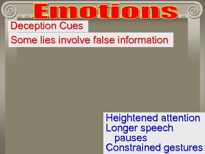 Deception Cues Some lies involve false information Heightened attention Longer speech pauses Constrained gestures