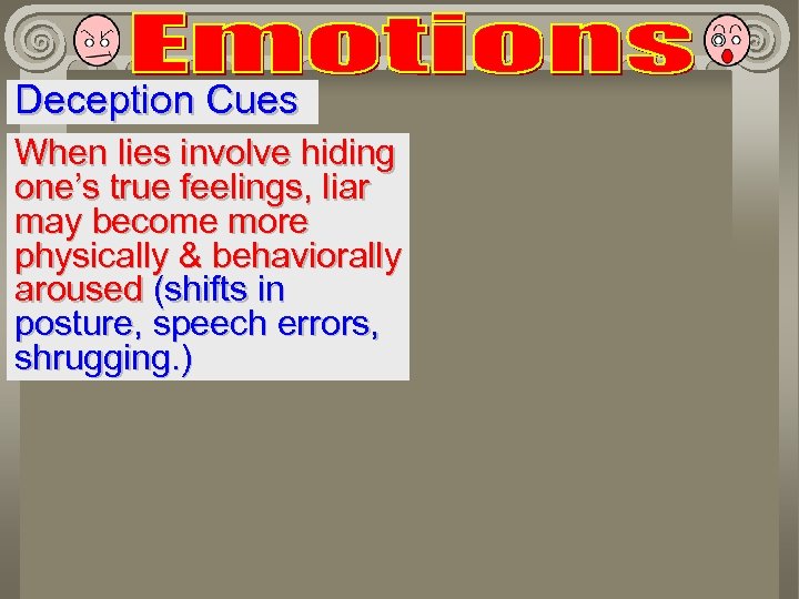 Deception Cues When lies involve hiding one’s true feelings, liar may become more physically