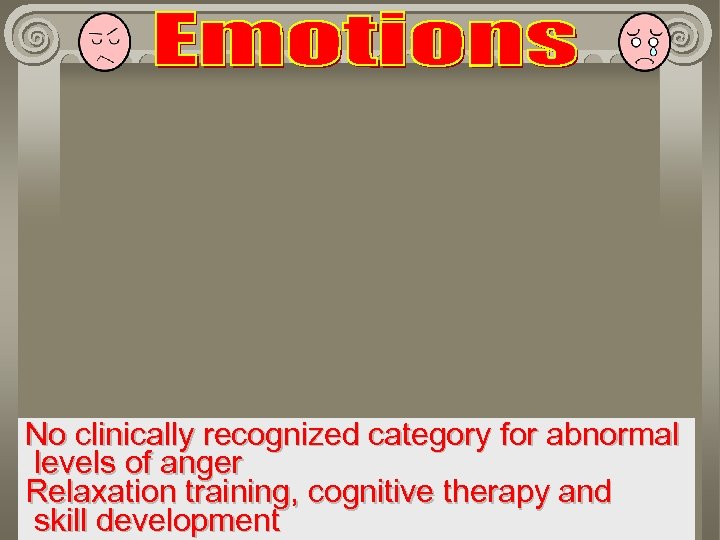 No clinically recognized category for abnormal levels of anger Relaxation training, cognitive therapy and