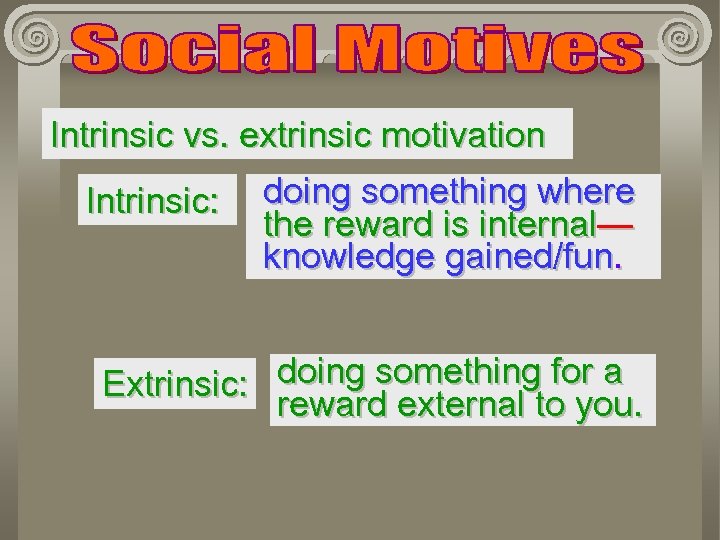 Intrinsic vs. extrinsic motivation Intrinsic: doing something where the reward is internal— knowledge gained/fun.