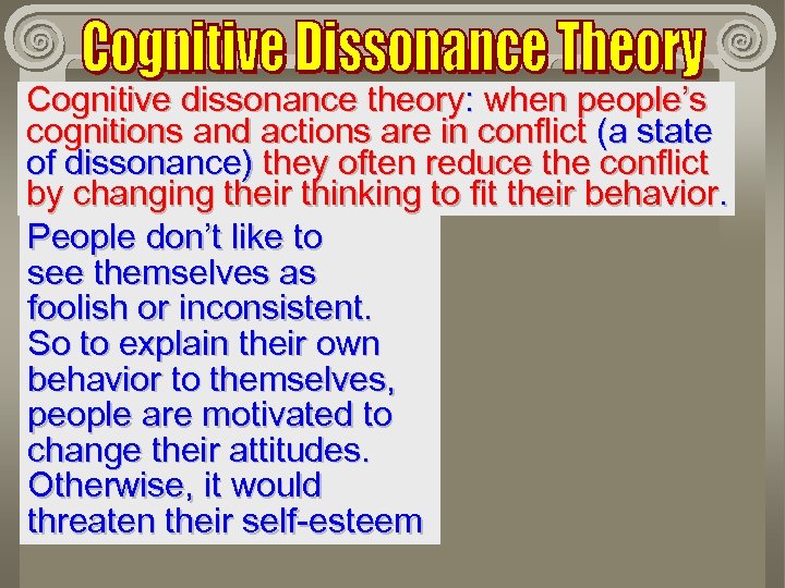 Cognitive dissonance theory: when people’s cognitions and actions are in conflict (a state of