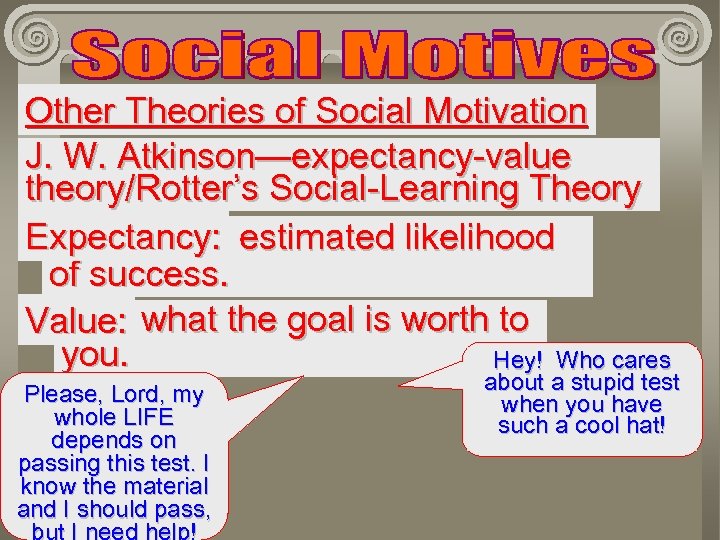 Other Theories of Social Motivation J. W. Atkinson—expectancy-value theory/Rotter’s Social-Learning Theory Expectancy: estimated likelihood