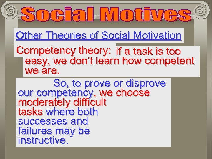 Other Theories of Social Motivation Competency theory: if a task is too easy, we