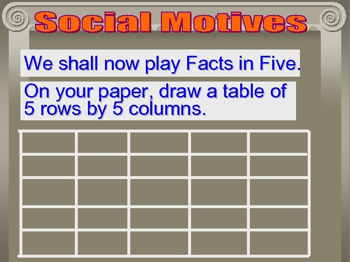 We shall now play Facts in Five. On your paper, draw a table of