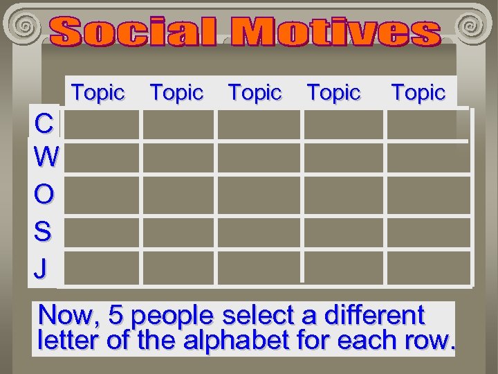 C W O S J Topic Topic Now, 5 people select a different letter
