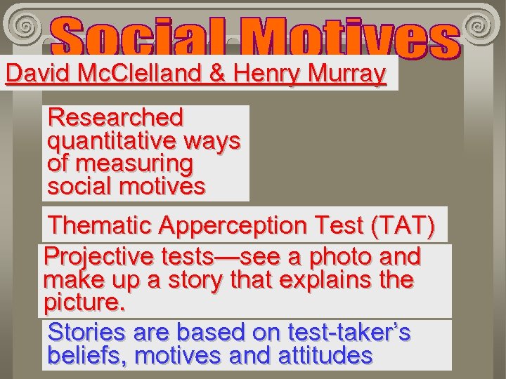 David Mc. Clelland & Henry Murray Researched quantitative ways of measuring social motives Thematic