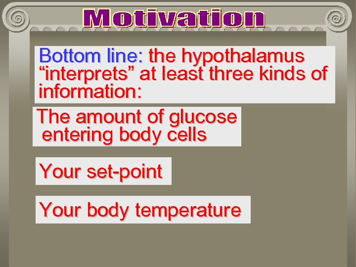 Bottom line: the hypothalamus “interprets” at least three kinds of information: The amount of