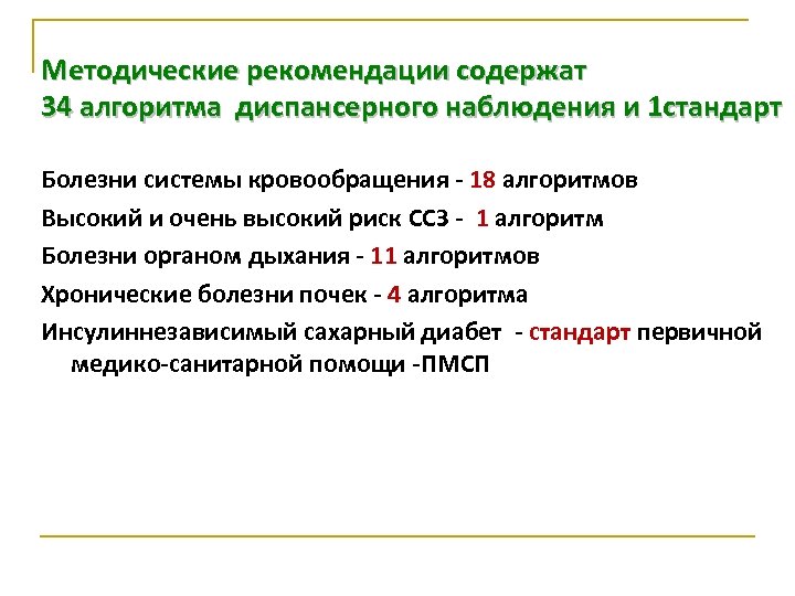 Методические рекомендации содержат 34 алгоритма диспансерного наблюдения и 1 стандарт Болезни системы кровообращения -