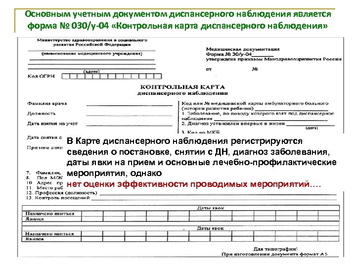 Основным учетным документом диспансерного наблюдения является форма № 030/у-04 «Контрольная карта диспансерного наблюдения» В