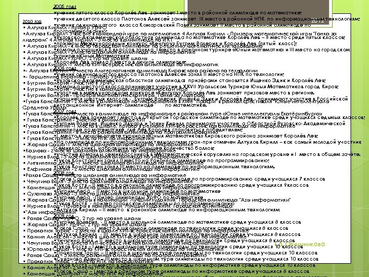 2005 год: • ученик пятого класса Королёв Лев занимает I место в районной олимпиаде