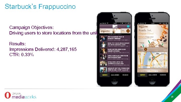 Starbuck’s Frappuccino Campaign Objectives: Driving users to store locations from the unit. Results: Impressions
