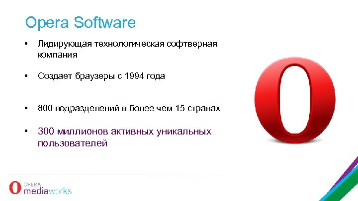 Opera Software • Лидирующая технологическая софтверная компания • Создает браузеры с 1994 года •