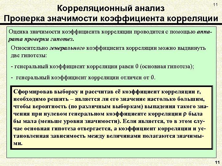 11 Корреляционный анализ Проверка значимости коэффициента корреляции Оценка значимости коэффициента корреляции проводится с помощью