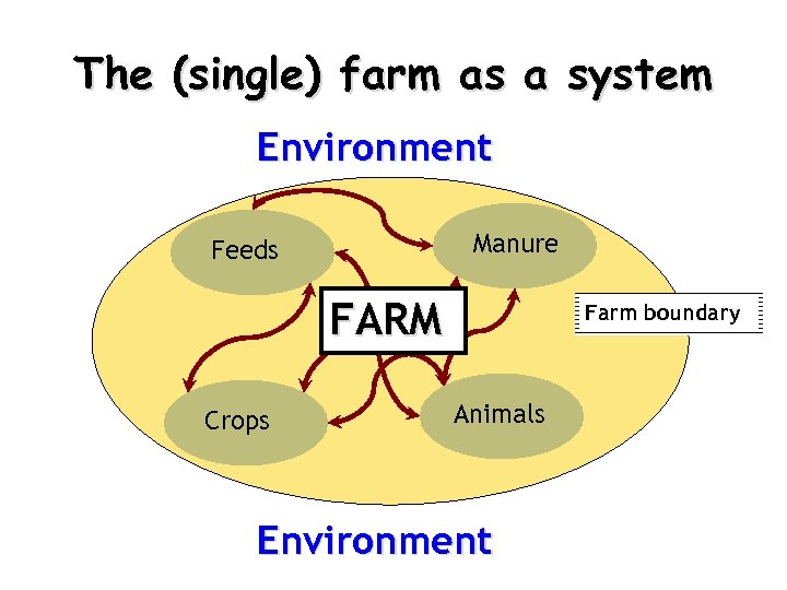 The (single) farm as a system Environment Manure Feeds FARM Crops Farm boundary Animals