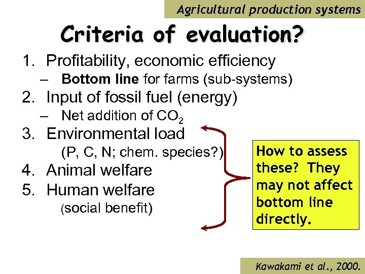 Agricultural production systems Criteria of evaluation? 1. Profitability, economic efficiency – Bottom line for