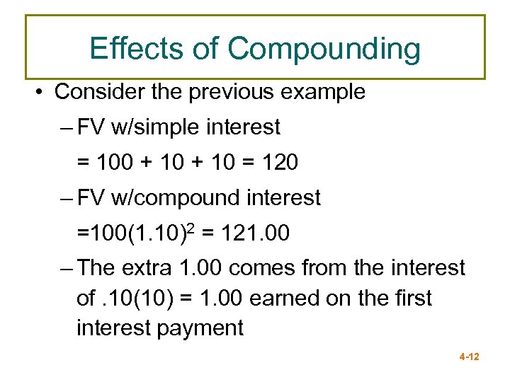 Effects of Compounding • Consider the previous example – FV w/simple interest = 100