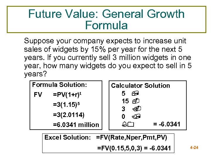 Future Value: General Growth Formula Suppose your company expects to increase unit sales of