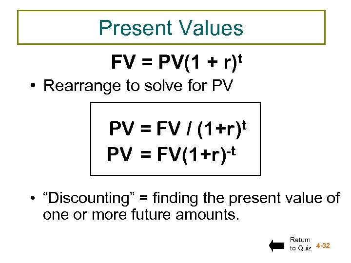 Present Values FV = PV(1 + r)t • Rearrange to solve for PV PV