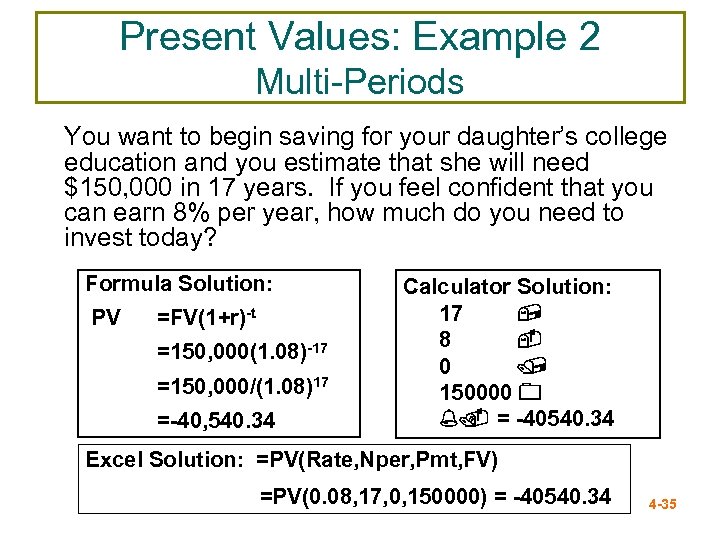 Present Values: Example 2 Multi-Periods You want to begin saving for your daughter’s college
